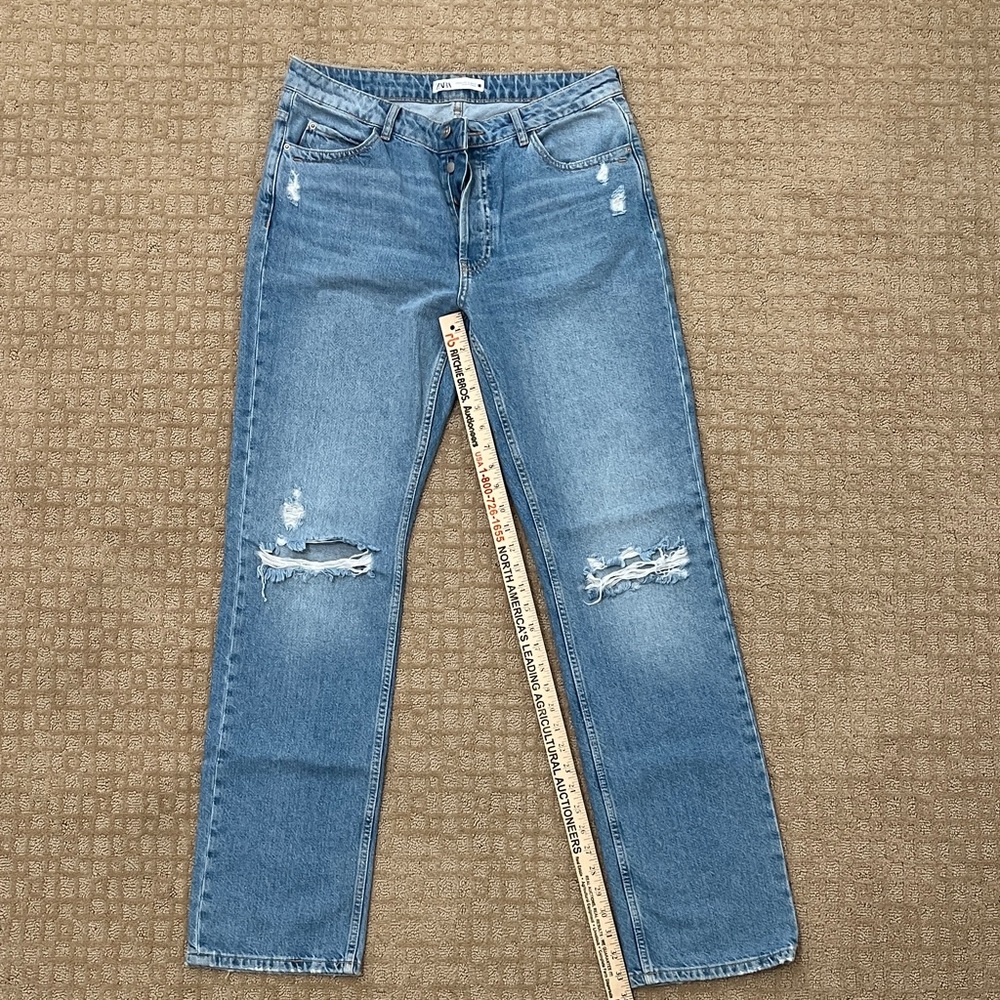 Zara Light Blue Distressed Straight Long Leg Jeans